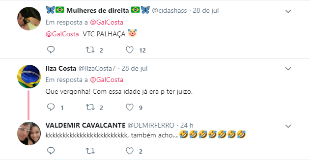 Usuários do Twitter ficaram decepcionados com Gal Costa após protesto da cantora contra Bolsonaro Usuários do Twitter ficaram decepcionados com Gal Costa após protesto da cantora contra Bolsonaro