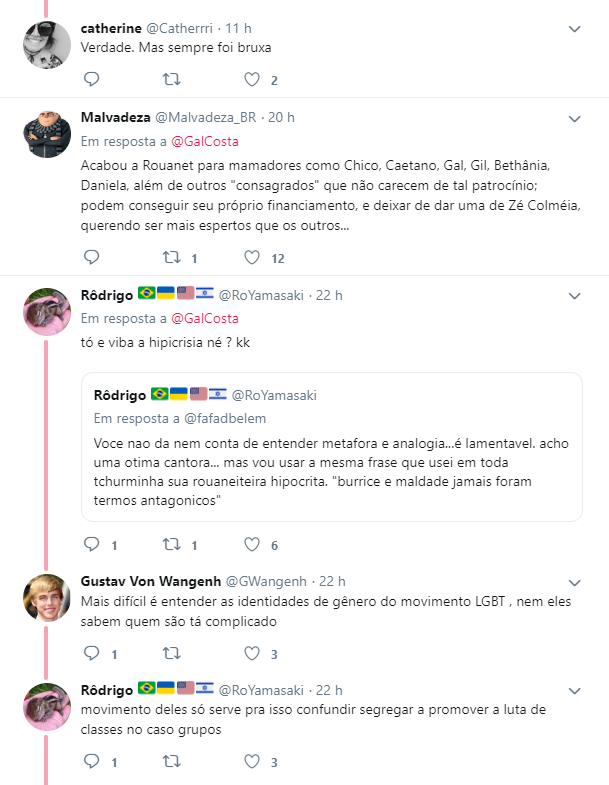 Usuários do Twitter ficaram decepcionados com Gal Costa após protesto da cantora contra Bolsonaro Usuários do Twitter ficaram decepcionados com Gal Costa após protesto da cantora contra Bolsonaro