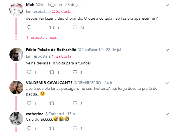 Usuários do Twitter ficaram decepcionados com Gal Costa após protesto da cantora contra Bolsonaro Usuários do Twitter ficaram decepcionados com Gal Costa após protesto da cantora contra Bolsonaro