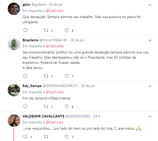 Usuários do Twitter ficaram decepcionados com Gal Costa após protesto da cantora contra Bolsonaro Usuários do Twitter ficaram decepcionados com Gal Costa após protesto da cantora contra Bolsonaro