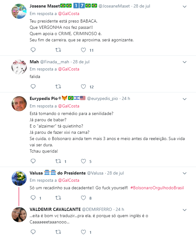 Usuários do Twitter ficaram decepcionados com Gal Costa após protesto da cantora contra Bolsonaro Usuários do Twitter ficaram decepcionados com Gal Costa após protesto da cantora contra Bolsonaro