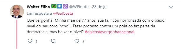 Usuários do Twitter ficaram decepcionados com Gal Costa após protesto da cantora contra Bolsonaro Usuários do Twitter ficaram decepcionados com Gal Costa após protesto da cantora contra Bolsonaro