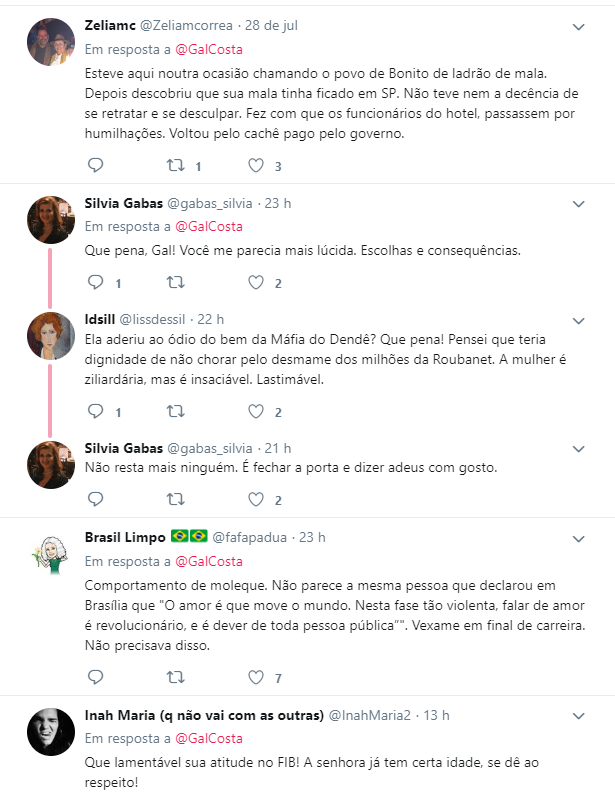 Usuários do Twitter ficaram decepcionados com Gal Costa após protesto da cantora contra Bolsonaro Usuários do Twitter ficaram decepcionados com Gal Costa após protesto da cantora contra Bolsonaro