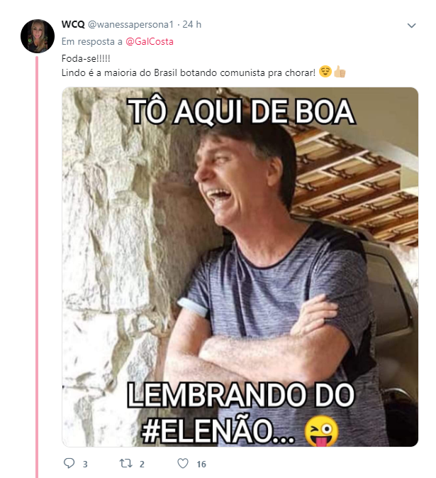Usuários do Twitter ficaram decepcionados com Gal Costa após protesto da cantora contra Bolsonaro Usuários do Twitter ficaram decepcionados com Gal Costa após protesto da cantora contra Bolsonaro