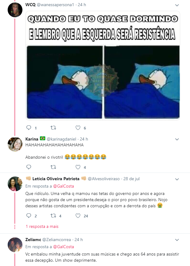 Usuários do Twitter ficaram decepcionados com Gal Costa após protesto da cantora contra Bolsonaro Usuários do Twitter ficaram decepcionados com Gal Costa após protesto da cantora contra Bolsonaro