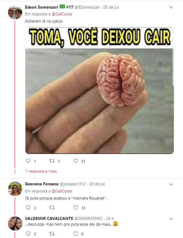Usuários do Twitter ficaram decepcionados com Gal Costa após protesto da cantora contra Bolsonaro Usuários do Twitter ficaram decepcionados com Gal Costa após protesto da cantora contra Bolsonaro