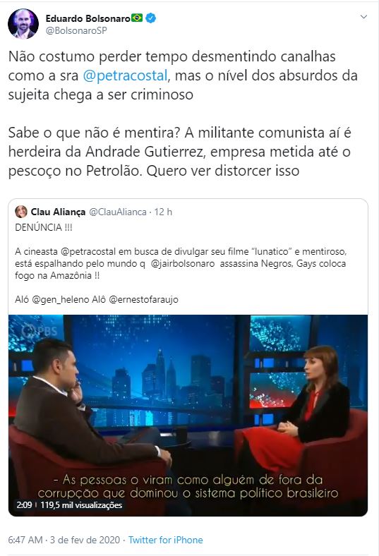 Internautas repudiaram ataques da cineasta a Bolsonaro Internautas repudiaram ataques da cineasta a Bolsonaro