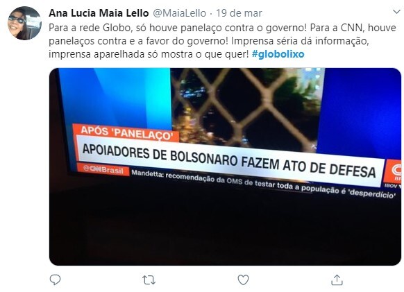 Internautas criticaram a Globo por diminuir espaço das manifestações favoráveis ao presidente