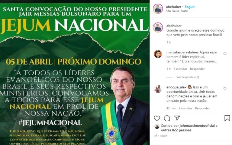 Líderes dão apoio a jejum convocado por Bolsonaro