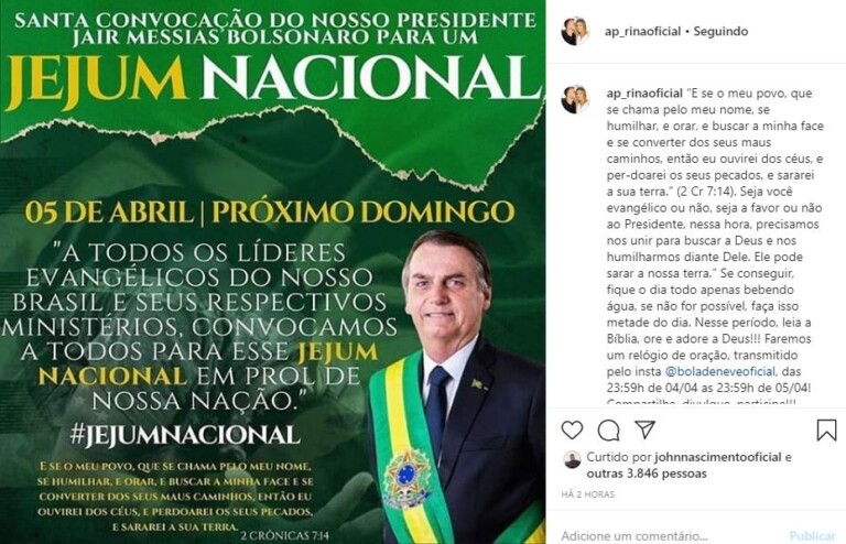 Líderes dão apoio a jejum convocado por Bolsonaro