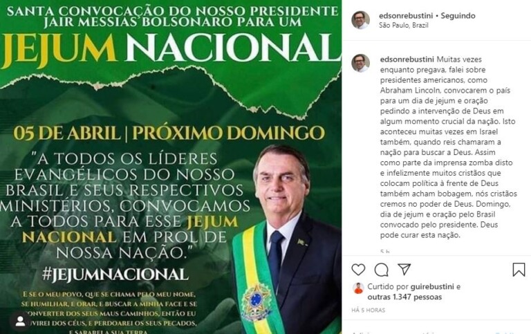 Líderes dão apoio a jejum convocado por Bolsonaro