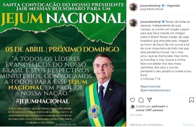 Líderes dão apoio a jejum convocado por Bolsonaro