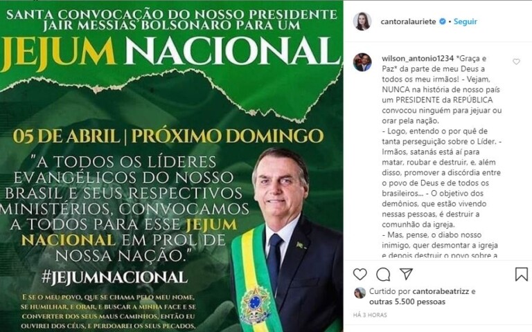 Líderes dão apoio a jejum convocado por Bolsonaro