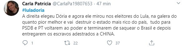 Doria foi duramente criticado após compartilhar publicação de Lula